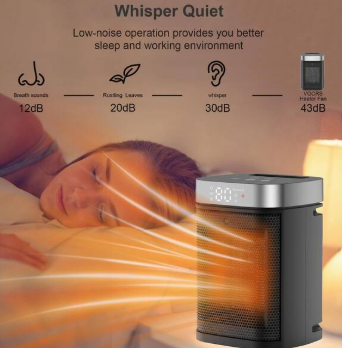 Small Portable Space Heater for Indoor Use  VOCRS 1500W PTC Electric Heater with Thermostat, Remote Control, 12H Timer, Eco and Fan Mode, Rapid and Safe Heating for Bedroom, Office