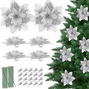 Operitacx 20pcs Poinsettia Flowers Artificial, 5.5in Artificial Christmas Flowers Poinsettia Christmas Decorations with Clips Faux Flower-Picks for Xmas Tree Decor, Xmas Wreath & Holiday Home Party (Silver)