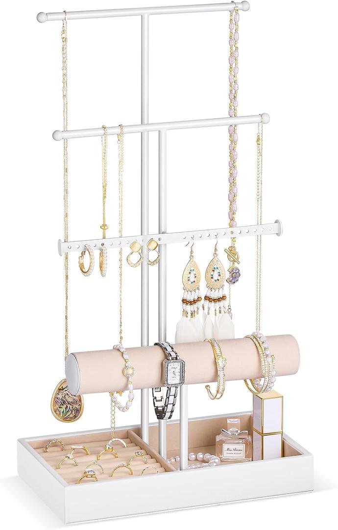Lolalet Jewelry Holder Tree with Velvet Tray, 4 Tiers Necklace Display Stand Rack with Ring Slots Organizer for Earrings Bracelets Bangles Ring -White