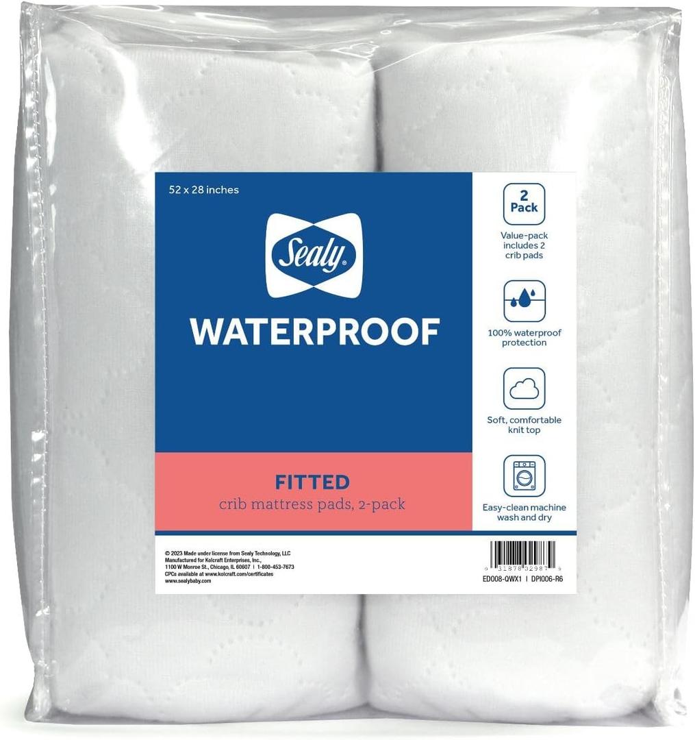 Sealy Baby 2-PACK Fitted Waterproof Infant Crib Mattress Protector Pad and Toddler Bed Cover, Durable and Comfortable Topper, Machine Washable and Dryer Friendly, 52x28- White
