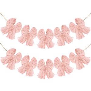 2 Pack Pink Bow Garland Banner, Pre-Assembled Bow Decor for Coquette Birthday Party, Baby Shower, Bridal Shower, Bachelorette, Wedding, Christmas Tree Decorations