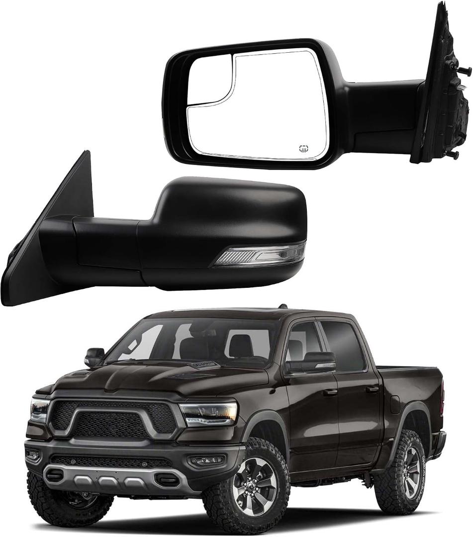 Dasbecan Left Driver Side Mirror Compatible with 2019-2024 Ram 1500 Rearview Mirror with Temp Sensor/Heated Glass/Signal Light/Puddle Light/Power Folding/Black Texture Cover (14pins)