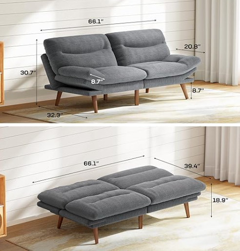Marsail Futon Sofa Bed,  32.3"D x 66"W x 30.7"H, Modern Grey
