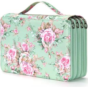 Vomgomfom Colored Pencil Case - 200 Slots Pencil Holder with Zipper Closure Twill Fabric Large Capacity Pencil Case for Watercolor Pens or Markers, Pencil Case Organizer for Artist or Student (Green Rose)