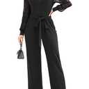 Elegant Jumpsuit for Women Dressy Sexy Lace Puff Sleeve Wide Leg Pant Suit One Piece Formal Outfits Black M