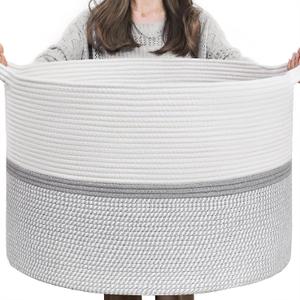 CHICVITA 85L Large Cotton Rope Blanket Basket with Handles, Grey, Woven storage basket for laundry, pillows, toys. Decorative for living room, bedroom, nursery, 22x22x14in