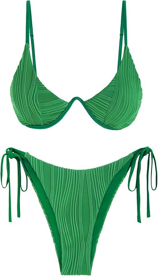 ZAFUL Women's Bikini Sets Ribbed Two Piece Swimsuits Underwire Adjustable Back Clasp Bathing Suit Side Tie Thong Swimwear. Size S