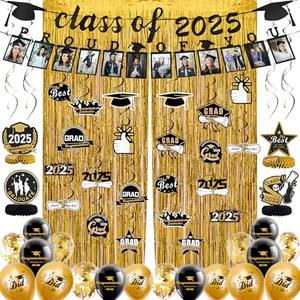 Pack of 2, FRAMICS Graduation Decorations 2025, Graduation Banner Class of 2025, Graduations Photo Banner, Tinsel Backdrop Curtains, Ballons & Streamers Kit, Graduations Party Decorations, 82 Pieces, Gold