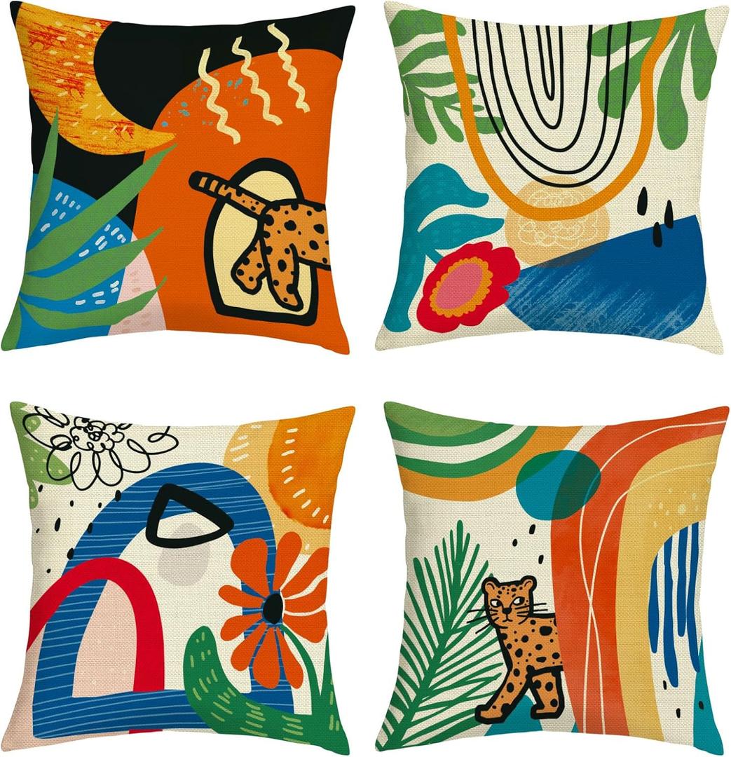 Boho Floral Geometric Throw Pillow Covers 18x18 Inch Set of 4 Abstract Modern Orange Aesthetic Floral Cushion Covers Home Decor for Sofa Couch Bed Cushion Cases
