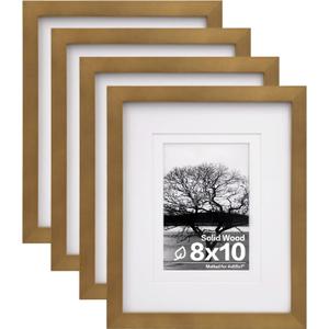 Egofine 8x10 Picture Frames 4 Pack, for Pictures 4x6 or 5x7 with Mat Made of Solid Wood Covered by Plexiglass for Table Top Display and Wall Mounting Photo Frames, Light Brown
