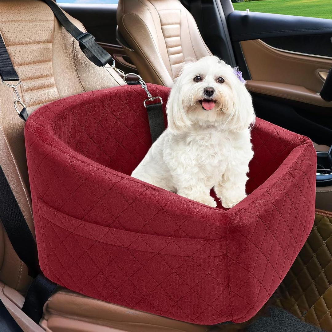 Dog Car Seat for Small Medium Dogs, Detachable Washable Dog Booster Seat Under 30lbs, Pet Car Seats Travel Bed with Storage Pockets and Safety Belt (Red)