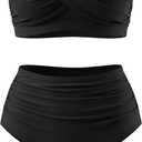 Yonique Women Plus Size Two Piece Swimsuits High Waisted Bathing Suits Bandeau Bikini Tummy Control Swimwear (Medium, Black)