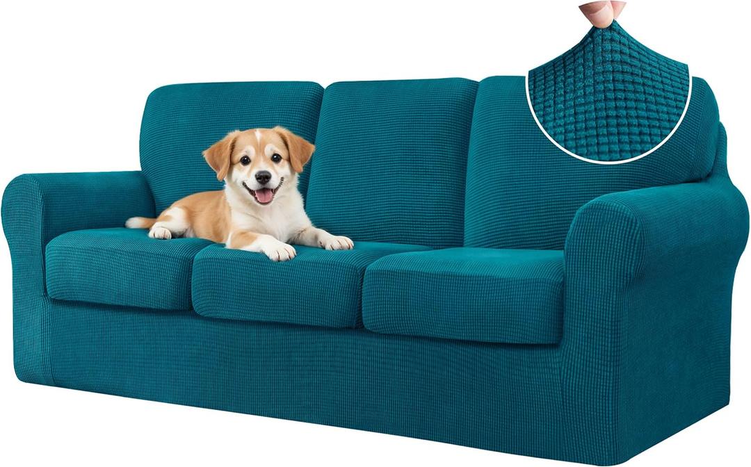 CHUN YI 7 Piece Couch Covers Sofa Covers Washable, Stretch Sofa Slipcovers for 3 Cushion Couch with Seperate Backrest and Cushion Covers, Anti Slip Furniture Protector for Dogs Pets (Large, Teal)