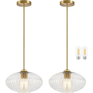 YSHomeStunn 10" Mid Century Modern Pendant Light 2 Pack Clear Vintage Pendant Lights Kitchen Island Ribbed Glass Pendant Light Adjustable Hanging Pendant Light for Dining Room Bedroom (Bulb Included)