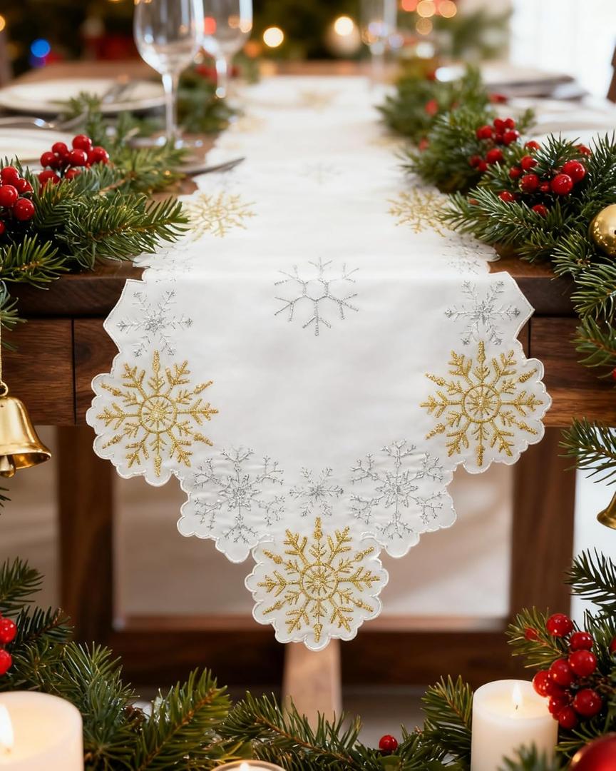 Christmas Table Runner with Snowflake Embroidery, Winter Table Runner for Dining Room,Red Elegant Christmas Table Decor 