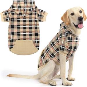 EXPAWLORER Plaid Dog Hoodie - British Style Warm Dog Sweater Shirt with Leash Hole,Pitbull Clothes Outfits,Winter Coat Apparel for All Breeds Puppy Girl Boy-Cat Apparel (Large, Beige)