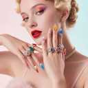 2 x French Tip Almond Press On Nails Long - Handmade 3D Pink Blue Design with Jelly Glue | Reusable Fake Nails for Women Daily (10Pcs M)