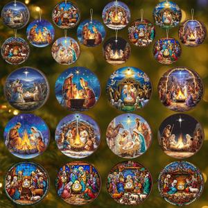 Qunclay 36 Pcs Christmas Nativity Scene Ornaments Wooden Religious Christmas Tree Decorations Birth of Jesus Christian House Xmas Wood Hanging Ornaments for Tree Home Window Xmas Gift(Colorful,Retro)