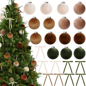 Roberly 30 Pcs Neutral Velvet Christmas Ornaments, 3.15" Flocked Hanging Balls with Velvet Bows Christmas Shatterproof Bulbs for Xmas Tree Holiday Home Decorations, Ginger Green (Deep Brown)