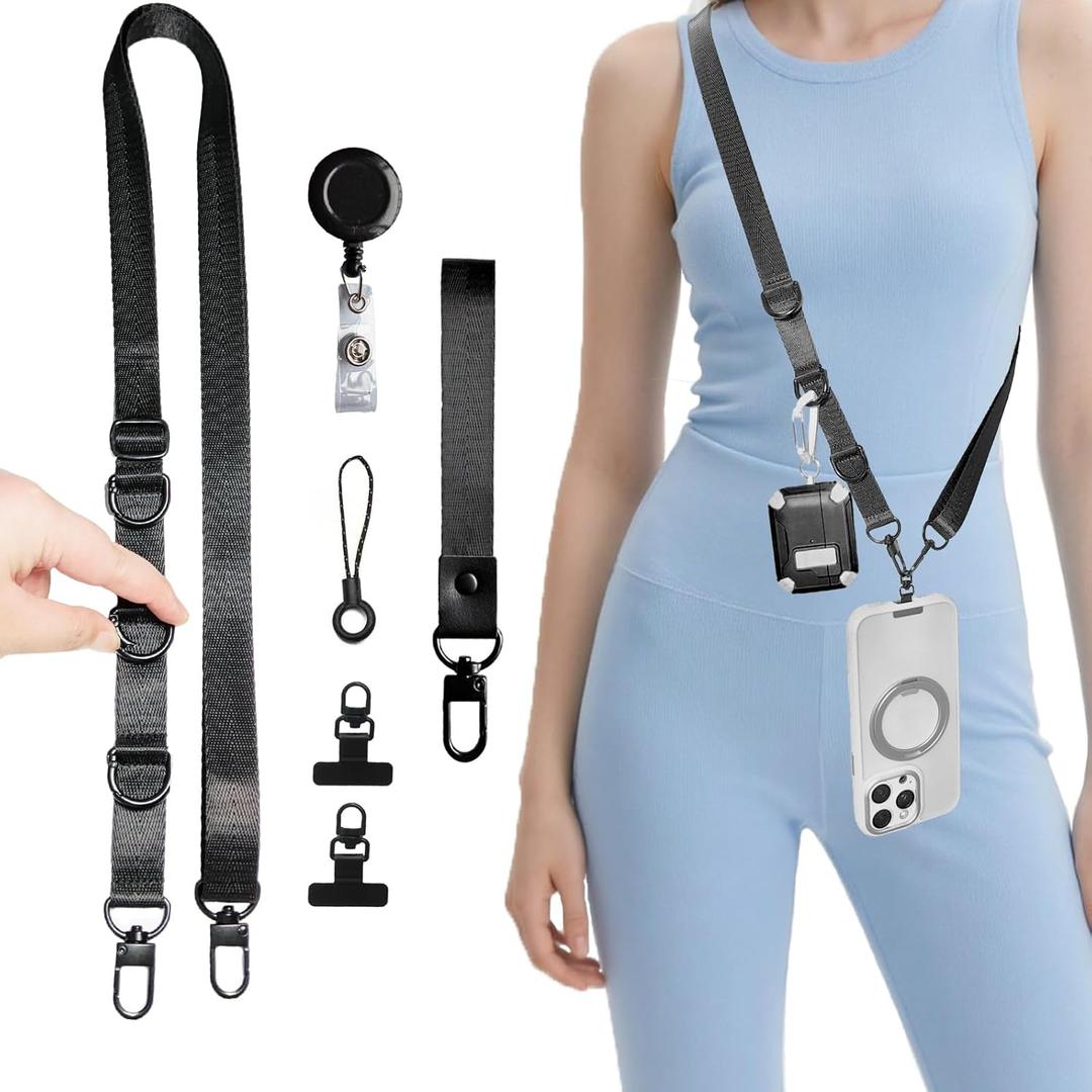 Cell Phone Lanyard Crossbody Teacher -1 Adjustable Phone Strap Anti-theft with 2 Mini Swivel Metal Tether Tabs & 3 Metal Spring D Rings for Hanging Keys/Wallet, 1 Wrist Strap, 1 Retractable Badge Reel