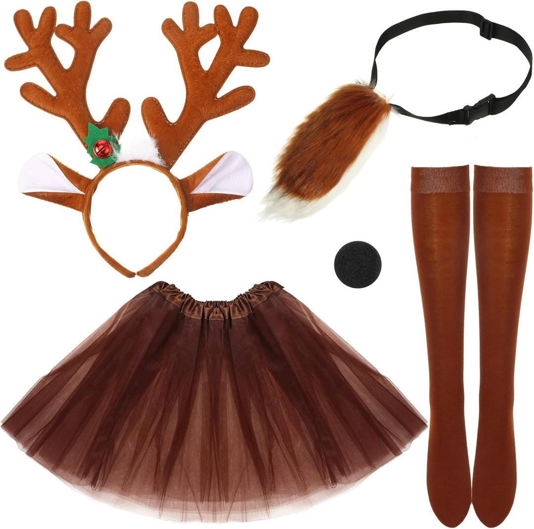Silkfly 5 Pieces Deer Costume Reindeer Antlers Headband Deer Tail Nose Tutu Skirt Socks Horns Headpiece for Adult Mardi Gras Party Holiday Cosplay Accessories Black