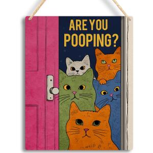 Funny Bathroom Cat Sign - Are You Pooping Wooden Wall Decor for Toilet Restroom, Humorous Cat Bathroom Wall Art, Funny Bathroom Decor Gift, 8x10 Inches - C02