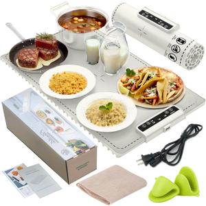 Food Warming Mat, Upgraded Electric Warming Tray with 2 Silicone Mitts and Loofah Cleaning Cloth, Fast Heating Silicon Warming Mats for Food, Roll Up Heating Plates, Portable Design (White)
