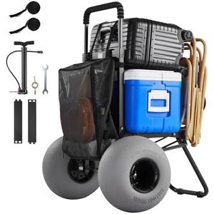 VEVOR Beach Dolly with Big Wheels for Sand, 18" x 15" Cargo Deck, Folding Sand Cart with 12" Balloon Wheels, 165 lbs Loading Capacity & 34" to 45" Adjustable Height, Heavy Duty Cart for Beach Camping