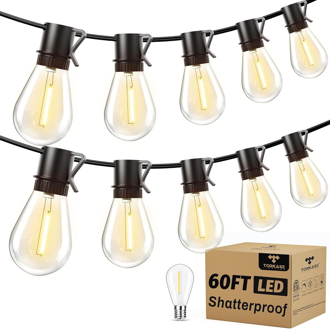 Torkase Dimmable S14 LED Patio Lights 60FT 20+1 Vintage Bulbs, ETL Listed Commercial Grade Waterproof String Lights for Porch, Gazebo, Market Lighting (Plug in-60FT)