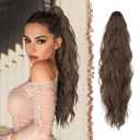 FESHFEN Ponytail Extensions, Long Claw Clip in Ponytail Hairpiece Synthetic Pony Tails Hair Piece Natural Wavy Hairpieces for Women, Chestnut Brown 25 inch