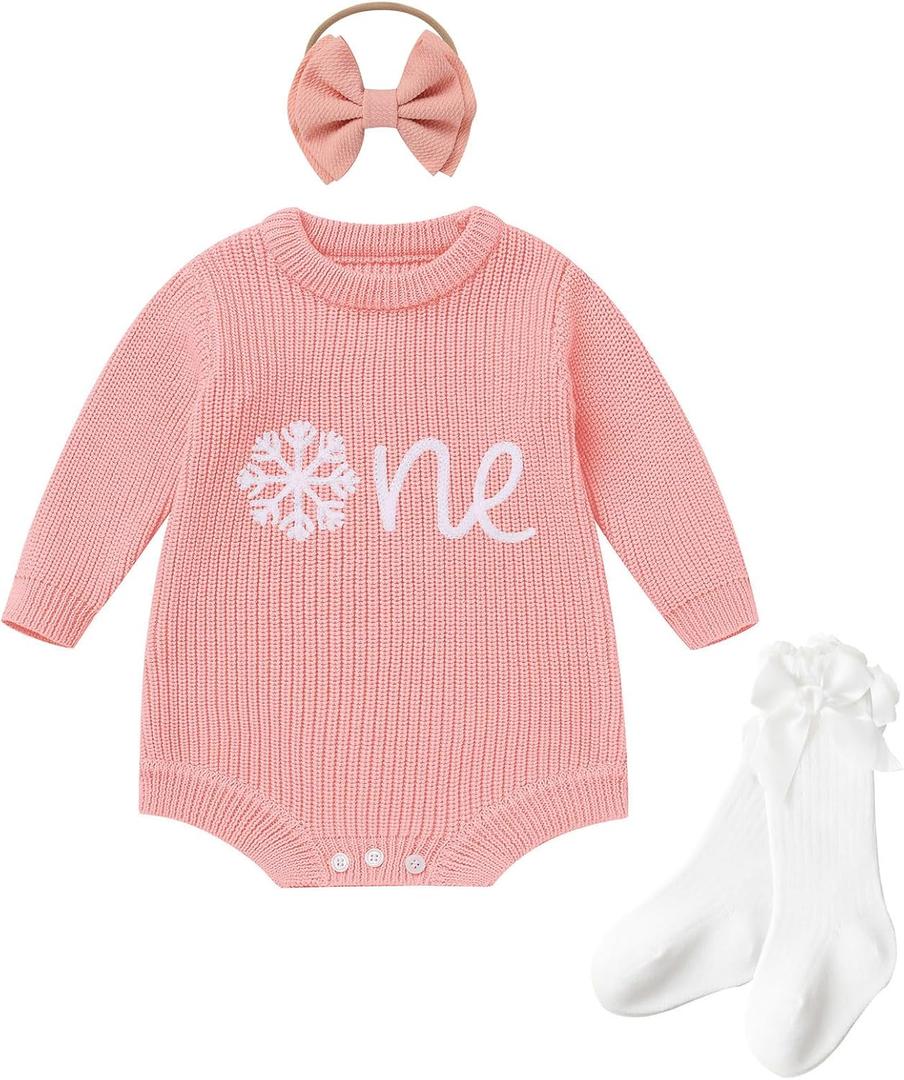 IMEKIS Baby Girls 1st Birthday Outfit Fall Winter One Embroidery Sweater Romper Socks Set Cake Smash Photo Shoot (12-18 Months, Pink Snowflake One)