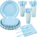 175 Pcs Light Blue Paper Plates and Napkins, Boy Baby Shower Decorations Include Blue Scalloped Plates Napkins Cups for Kindergarten Graduation, Birthday, Bridal Shower, Wedding