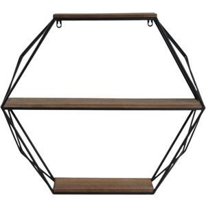 Geometric Decorative Wall Shelf  3-Tier Metal & Wood Home Decor Floating Display Shelf  Modern Wall Shelves for Bathroom, Bedroom & Living Room  Brown & Black, 24"