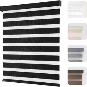 Joydeco Cordless Zebra Blinds for Windows, Dual Layer Light Control Window Blinds with Light-Proof Aluminum Cover, Free-Stop Roller Shades for Home & Office (Black,25" W x 75" H)