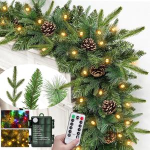 Realistic-Feel PE&Remote Control-9Ft by 12 Inch Prelit Norfolk Pine Christmas Garland with Timer 50 Warm White&Color Light 8 Mode,280 Mix Lifelike Branch&Canyon Pine Cedar Garland Pinecone Xmas Decor