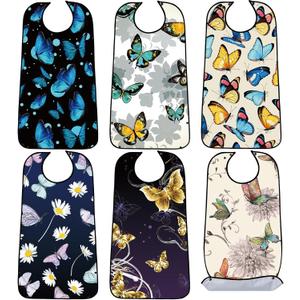 SATINIOR 6 Pieces Adult Bibs for Women Washable Reusable Clothing Protector with Crumb Catcher Beautiful Pattern Bibs (Butterfly Style)