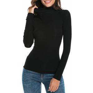 Womens Mock Turtleneck Long Sleeve Stretch Fitted Underscrubs Layer Tee Tops (Black, M)
