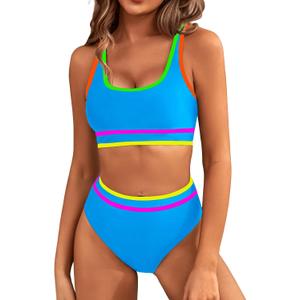 BMJL Women's High Waisted Bikini Sets Sporty Two Piece Swimsuits Color Block Cheeky High Cut Bathing Suits (M)