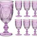 6 Pcs Plastic Goblets 7.5oz Vintage Goblet Plastic Wine Glasses Colored Retro Embossed Water Goblets for Wine Bar Juice Baby Shower Wedding Reception Grand Event Party (Purple)