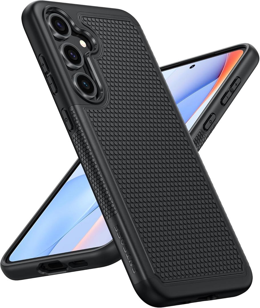 FNTCASE for Samsung Galaxy S24-FE Case: Dual Layer Protective Heavy Duty Cell Phone Cover | Shockproof Rugged with Non-Slip Textured | Military Grade Drop Protection Bumper Tough (Black)