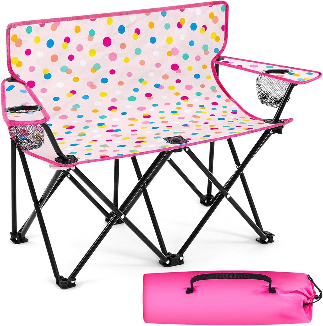 Folding Double Lawn and Camping Chair Gift for Birthday Portable 2 Person Love Seat Camp Chair with Cup Holder Outdoor Foldable Beach Chair for Beach Travel Picnic Sports(Polka Dot)