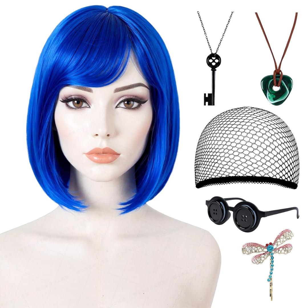 Blue Wig Costume Accessories Set with Dragonfly Hair Clip, Button Glasses, Key Necklace and Blue Gem Necklace for Halloween Cosplay