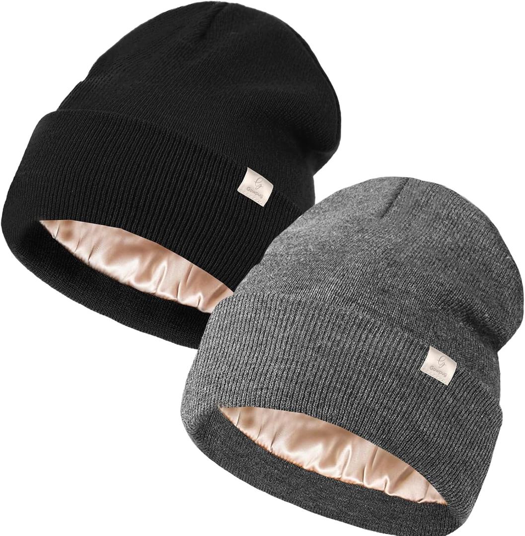 Satin Lined Beanie for Women Men Winter Silk Lined Hat Warm Knit Cuffed Beanies Hat Thickened Slouchy Skull Cap (One Size, Black, Gray)