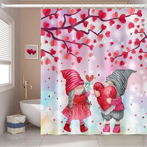 69x70 Inch Happy Valentine's Day Themed Shower Curtain Gnomes Couples Under Red Love Heart Trees for Bathroom Decor Waterproof Fabric Polyester Shower Curtain Sets with Hooks