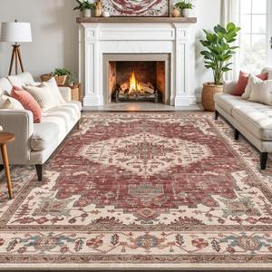 LUMI 8x10 Washable Area Rug for Living Room, Ultra Soft Traditional Vintage Red Rugs Non Slip with Rubber Backing, Low Profile, High Traffic, Stain Resistant Carpets, Ideal for Bedroom, Dining Room (Timeless Soul)