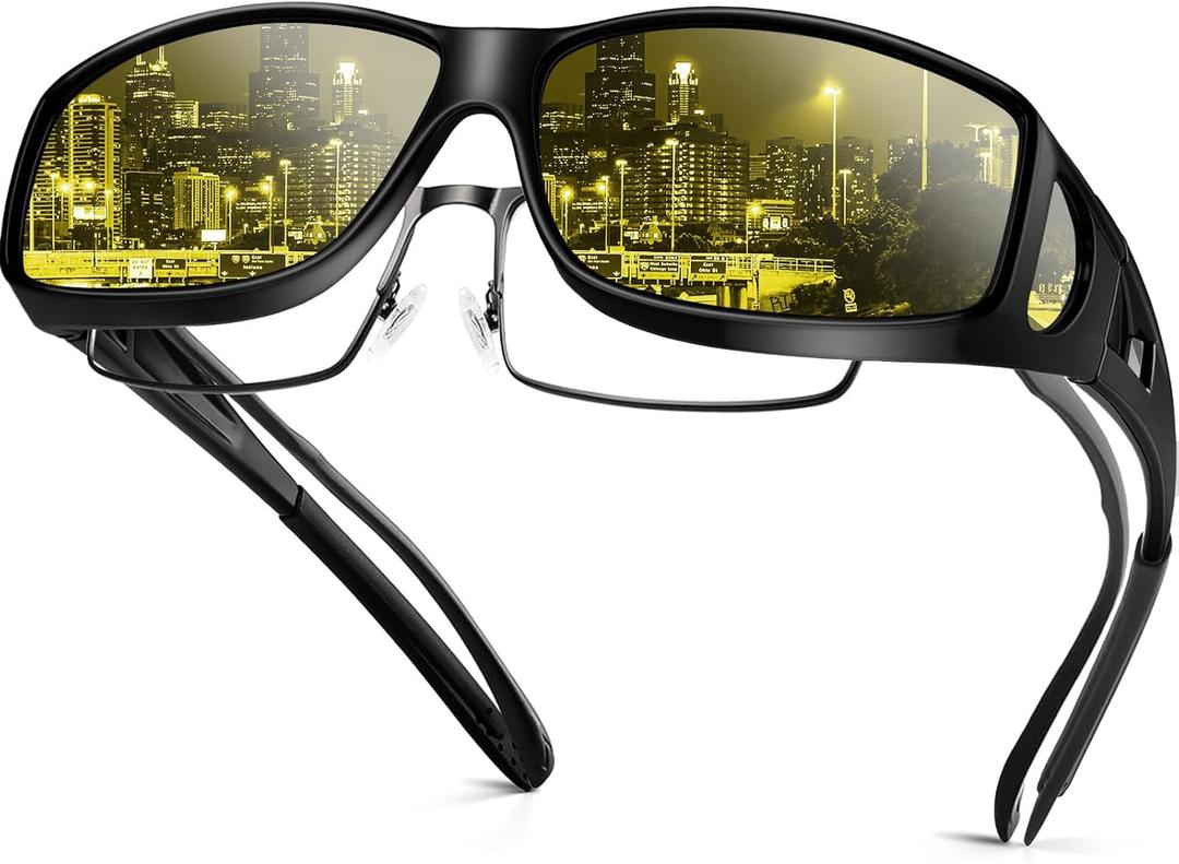 Night Driving Glasses Night Vision Glasses Fit Over Glasses Polarized Anti-Glare UV400 Gift for Men Women (Night Vision (Yellow Lens / Glossy Black Frame))