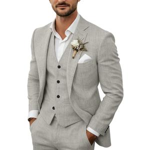 Men's 3 Piece Linen Suits Casual Lightweight Blazer Jackets Vest Pants Set for Wedding Business Prom Suit, M