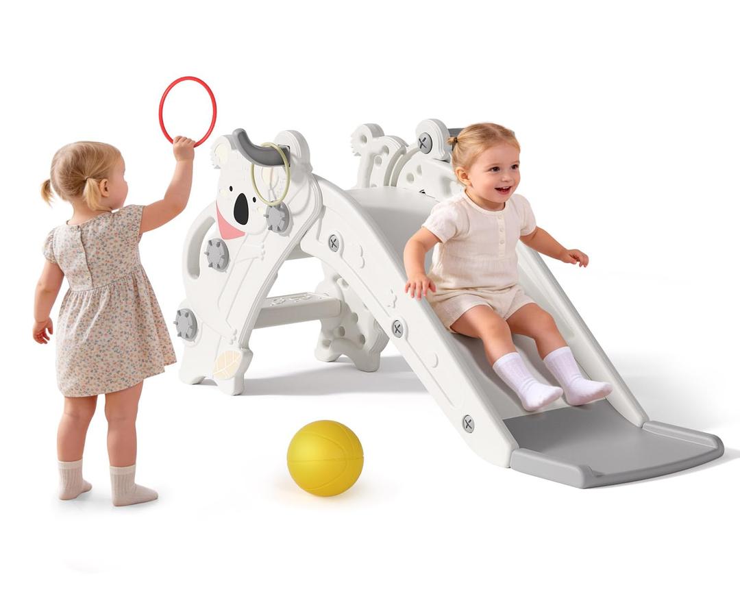Babytronic Toddler Slide Indoor & Outdoor Playground, 4-in-1 Baby Slide with Climber, Basketball Hoop & Ring Toss, Foldable Freestanding Kids Slide, Climber Playset for Toddlers Ages 1-3, Cream & Gray