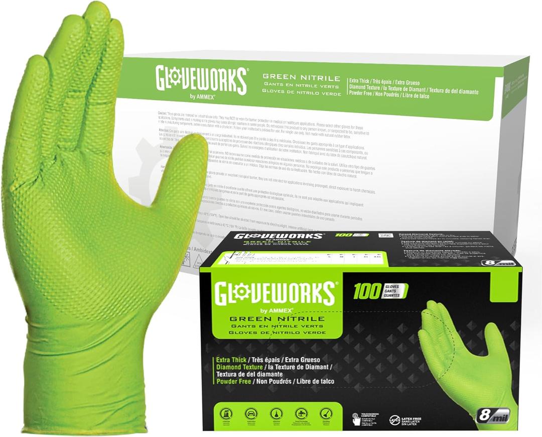 GLOVEWORKS HD Green Nitrile Gloves, 8 mil Nitrile Gloves Medium-XXL Sizes, Nitrile Disposable Gloves with Raised Diamond Grip (X-Large (Pack of 1000))
