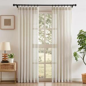 Natural Pinch Pleated Semi Sheer Curtains Textured Linen Blend Light Filtering Back Tab Window Curtains for Living Room Bedroom Slub Yarn Pinch Pleat Drapes with Hooks 2 Panels, 40" Wx95 L